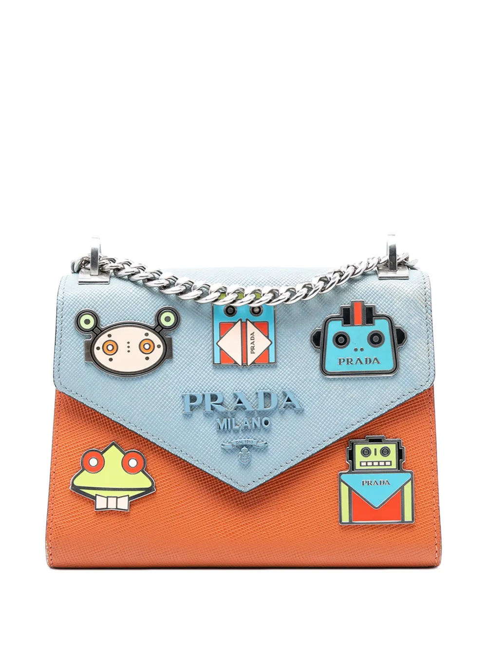 Prada Pre-Owned 2013-2026 Bicolor Saffiano Cuir Monochrome Robot Patches Envelope Chain Flap crossbody bag - Blu