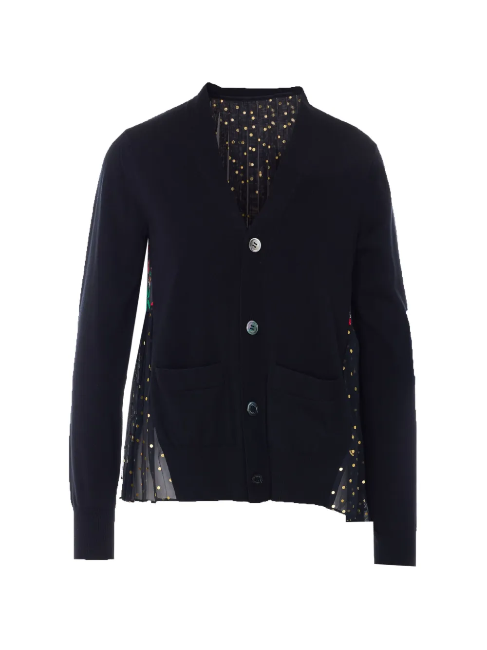sacai floral-print pleated buttoned cardigan - Schwarz