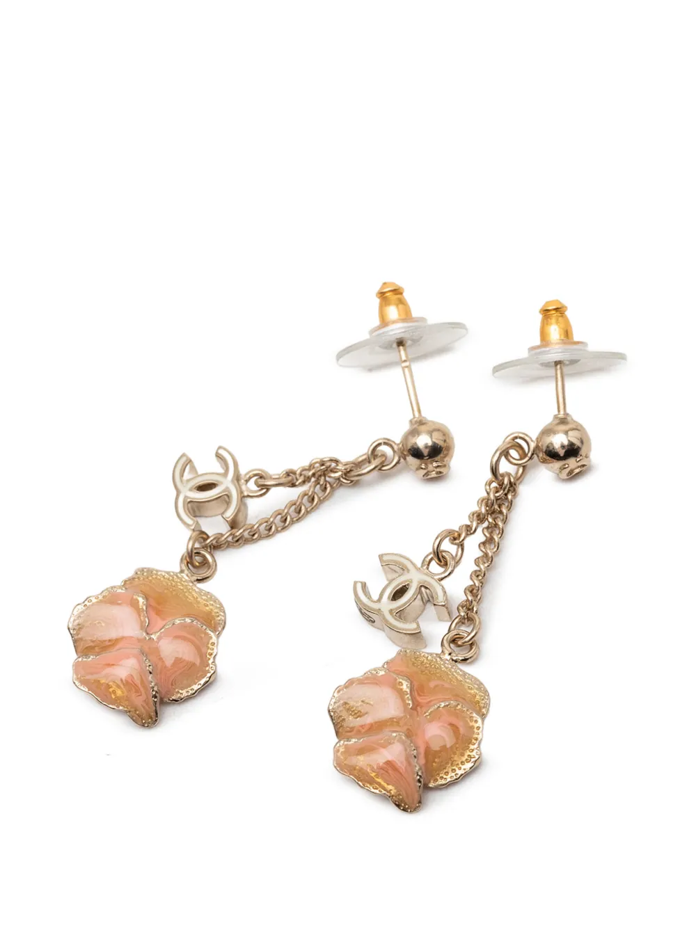  Chanel Pre-owned Orecchini Cc Flower Pendenti Placcati Oro E Smaltati Con Strass E Chiusura A Pressione 2013 - Rosa 