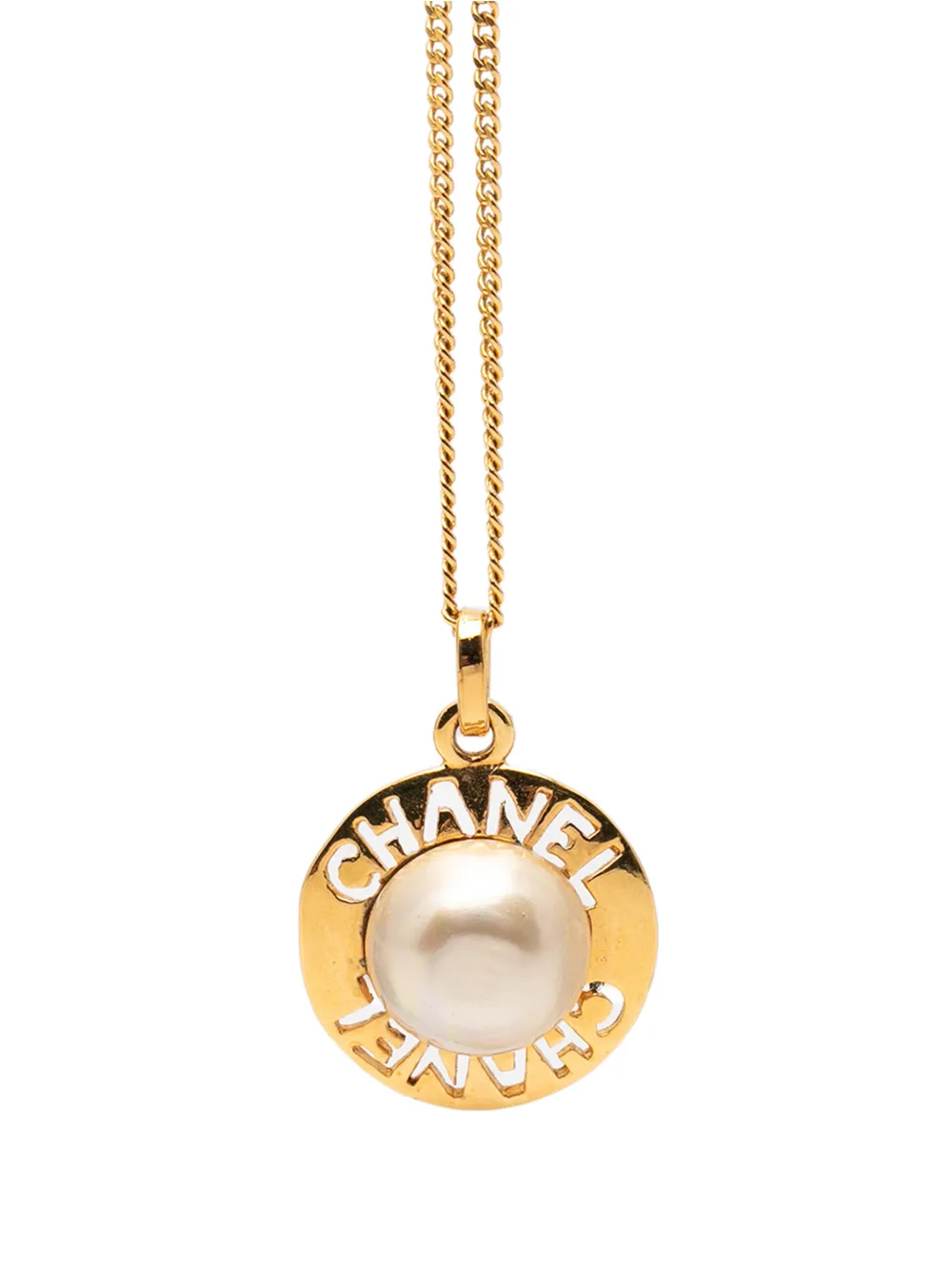 CHANEL Pre-Owned 1970-1980 Gold Plated Faux Pearl Logo Pendant Necklace costume necklace - Bianco