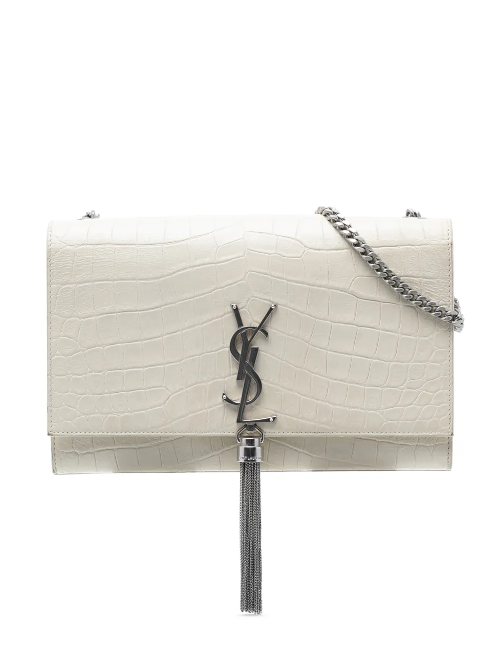 Saint Laurent Pre-Owned 2013-2025 Medium Croc Embossed Leather Monogram Kate Tassel crossbody bag - Bianco