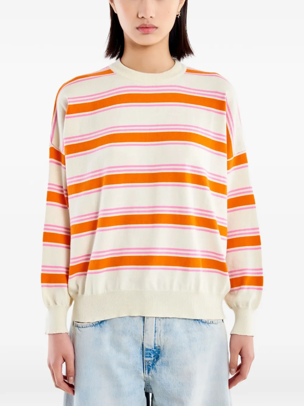 Vicolo Striped Drop-shoulder Sweater In Neutral