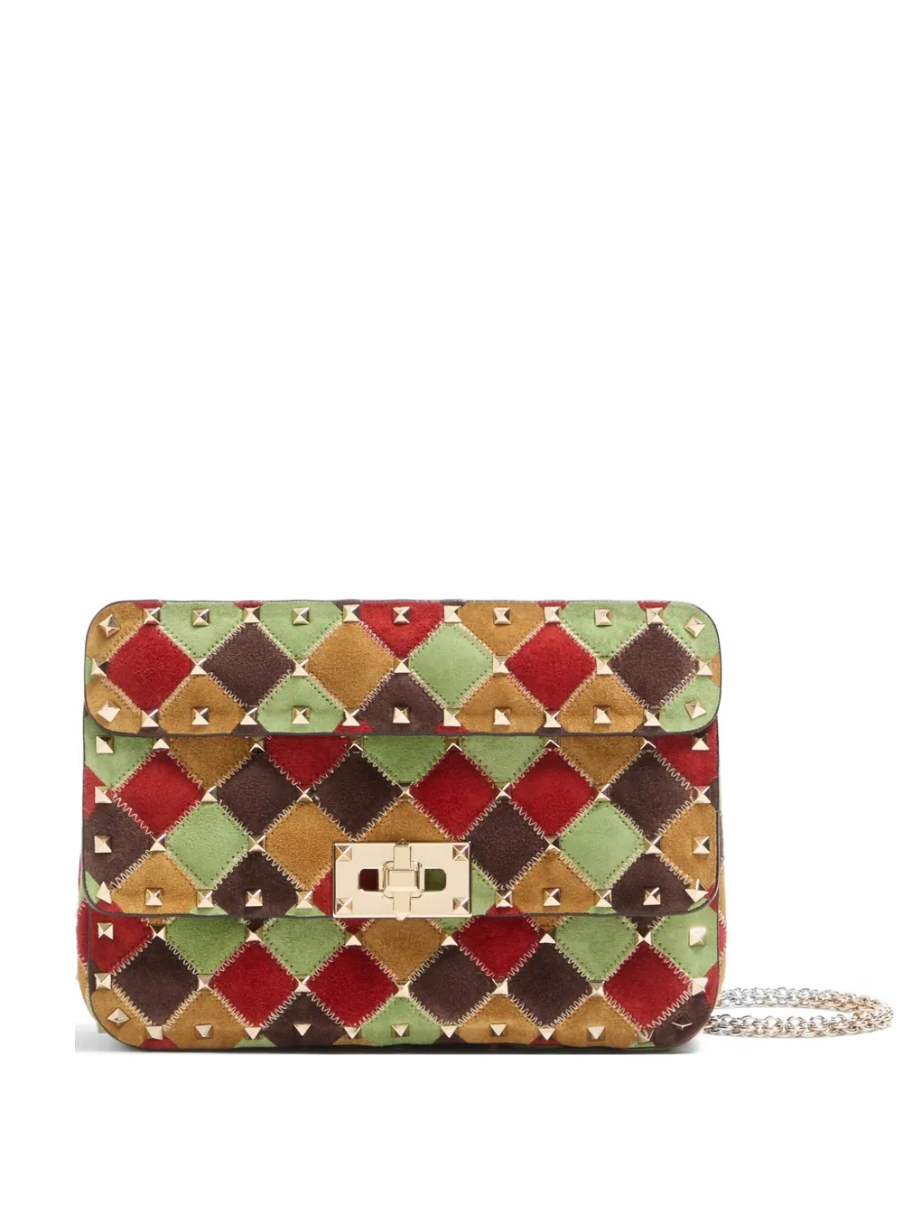 Valentino Garavani Borsa a spalla Rockstud Spike piccola in pelle scamosciata con motivo patchwork - Rosso