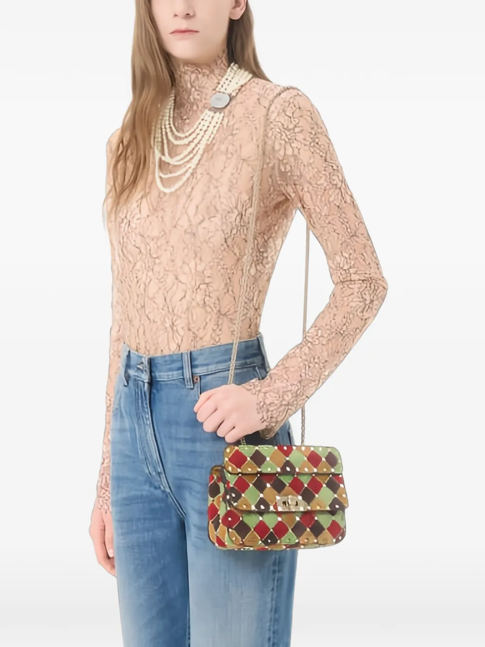 Valentino Garavani Rockstud Spike kleine Patchwork suède tas Rood