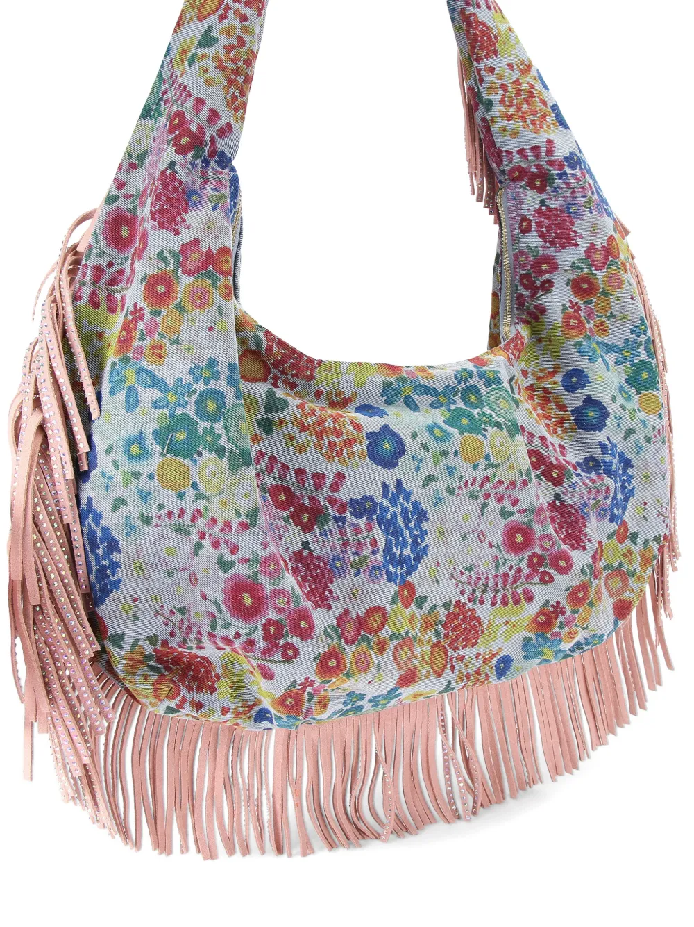Kurt Geiger London Shoreditch grote schoudertas met bloemenprint en franje Blauw