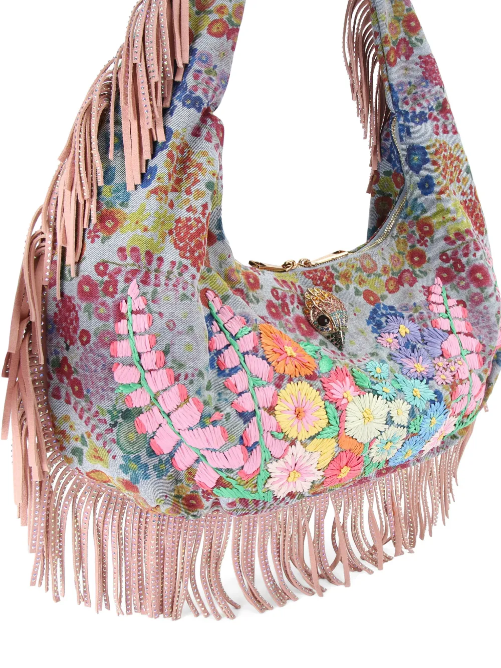 Kurt Geiger London Shoreditch grote schoudertas met bloemenprint en franje Blauw