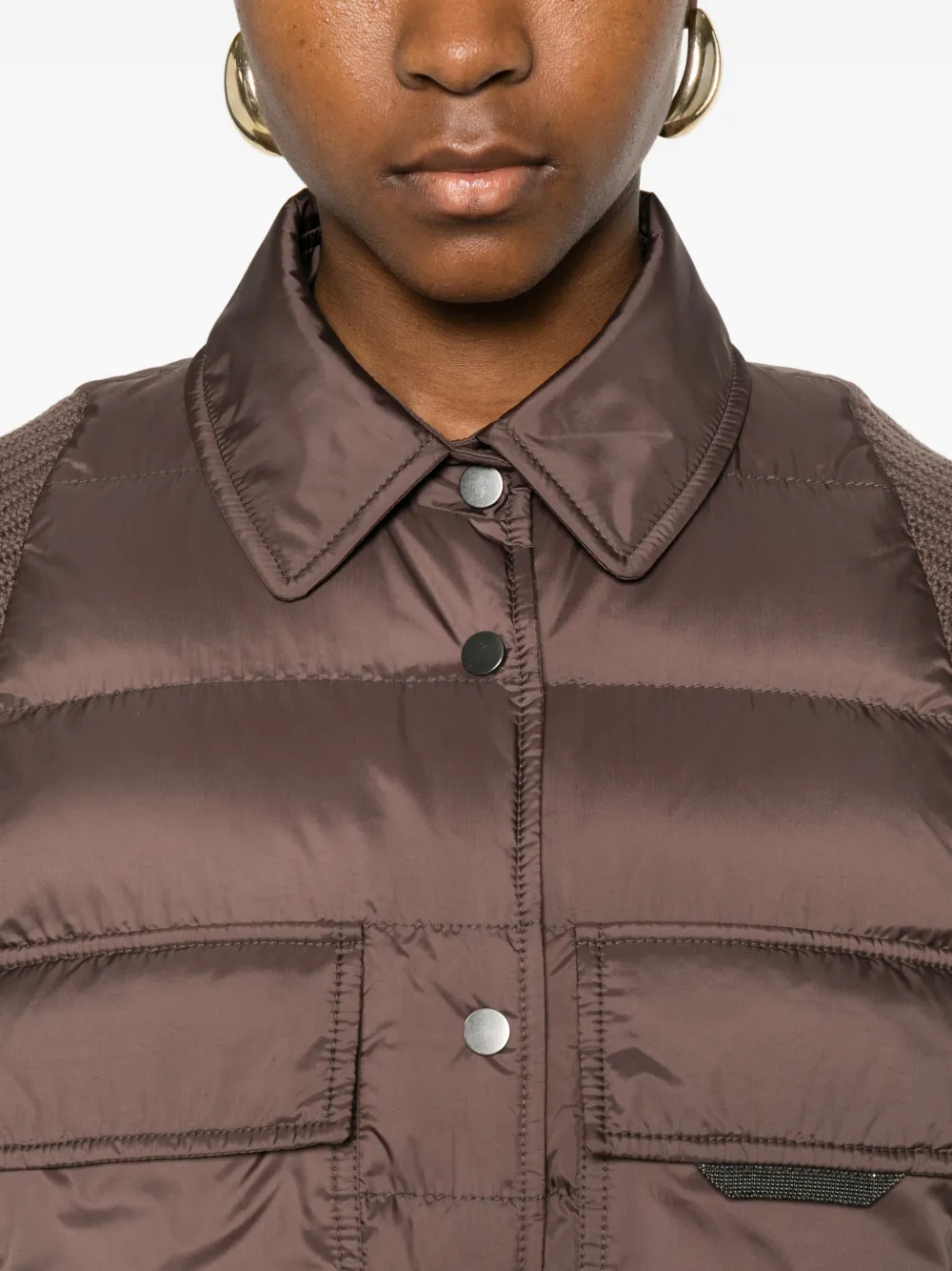 Brunello Cucinelli Jack met gewatteerd vlak en gebreide mouwen Bruin