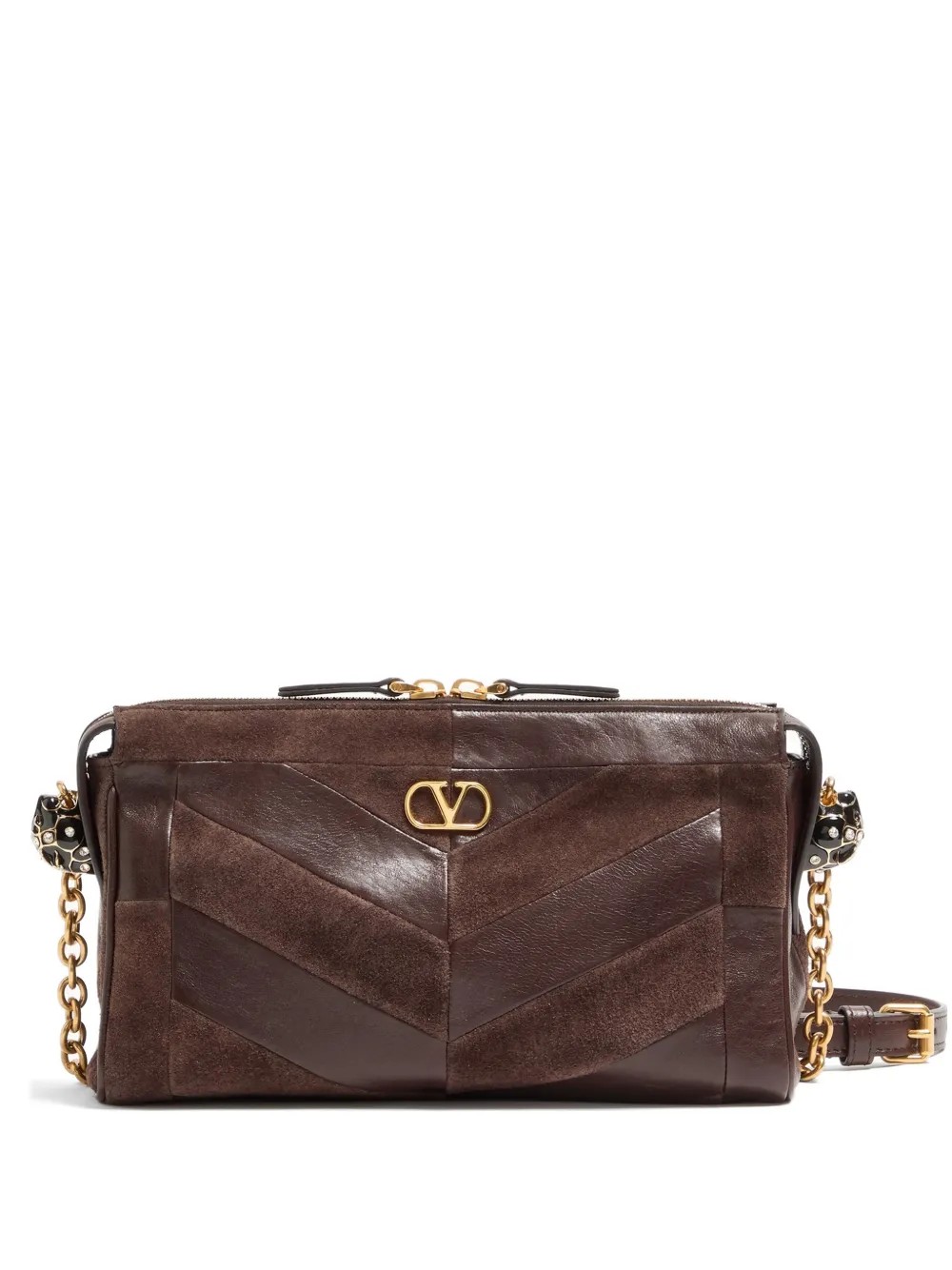 Valentino Garavani Panthea small shoulder bag in suede and nappa with Chevron pattern - Marrone
