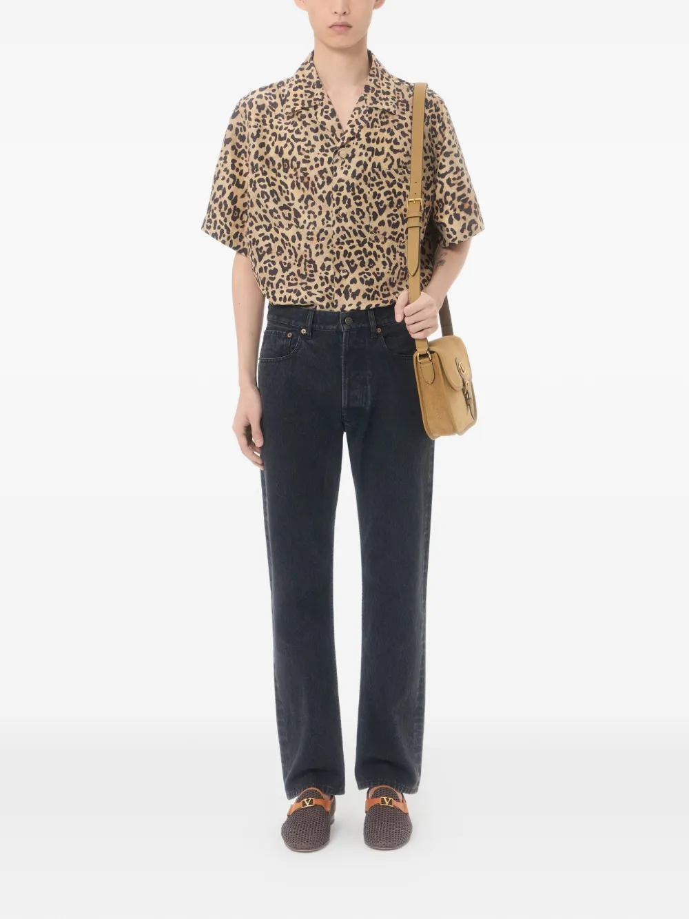 Valentino Garavani Habotai zijden bowlingshirt met Fauve Eclat Animalier-print Beige