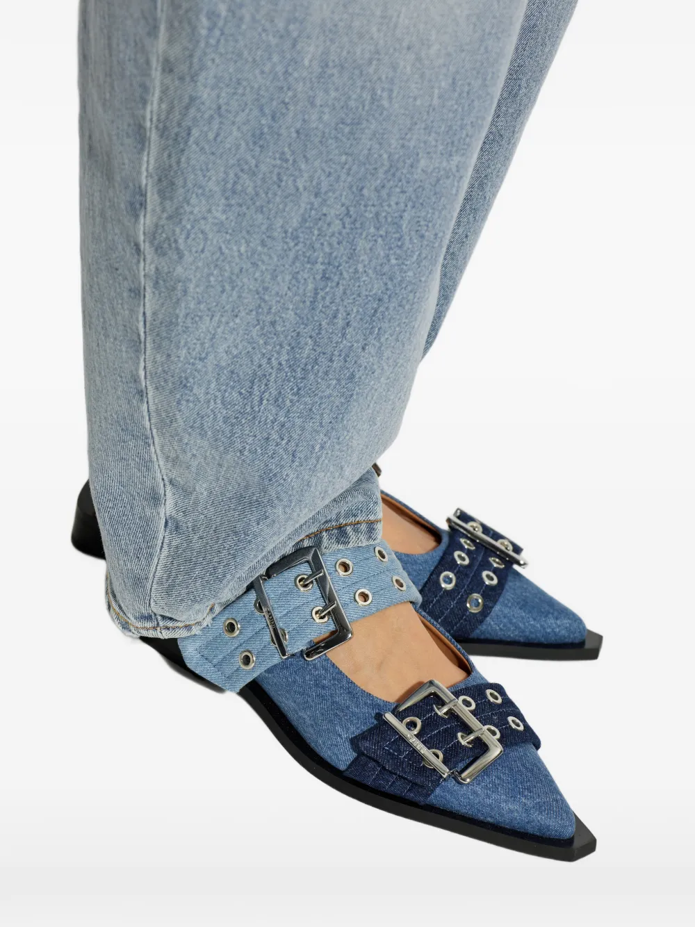 GANNI buckled denim ballet flats Blauw