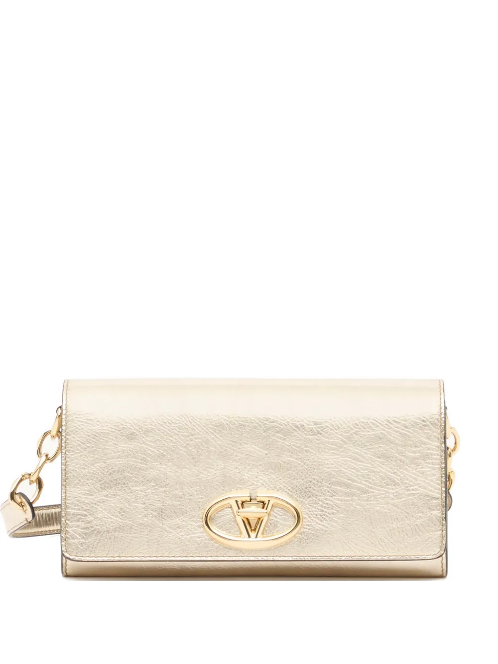 Valentino Garavani Portafoglio VLogo The Bold Edition in pelle di vitello laminata con tracolla - Oro