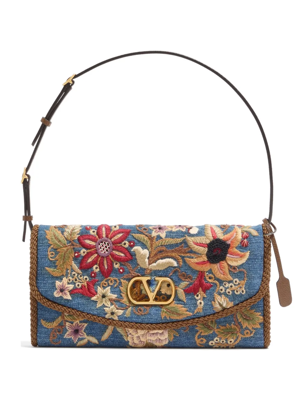 Valentino Garavani DeVain small embroidered denim shoulder bag - Blau