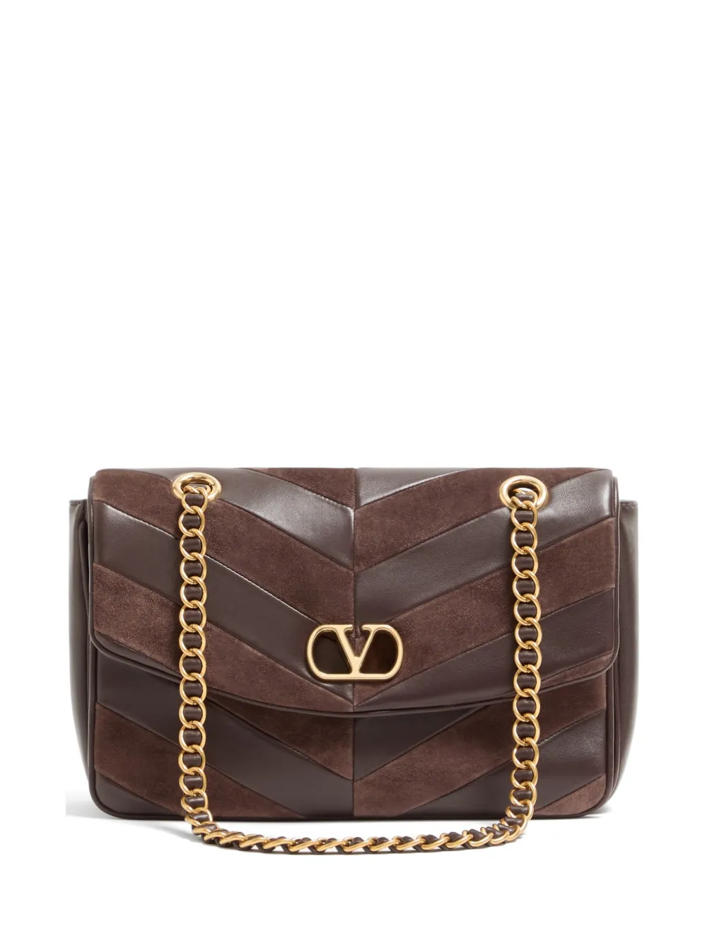 Valentino Garavani Djuna medium chain bag in suede and nappa with chevron pattern - Marrone
