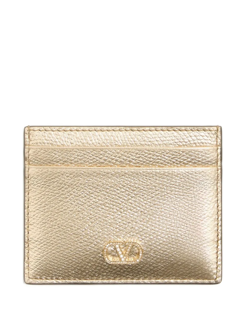 Valentino Garavani VLogo Signature card holder in laminated grainy calfskin with jewel logo - Oro