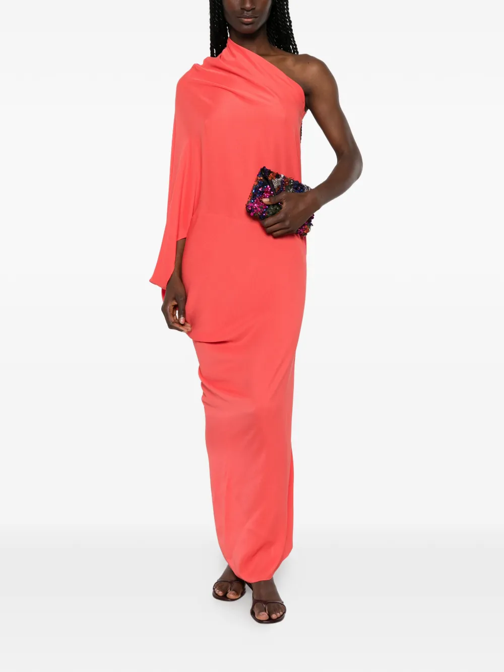 Cortana One-shoulder Draped Dress in Red, view 2