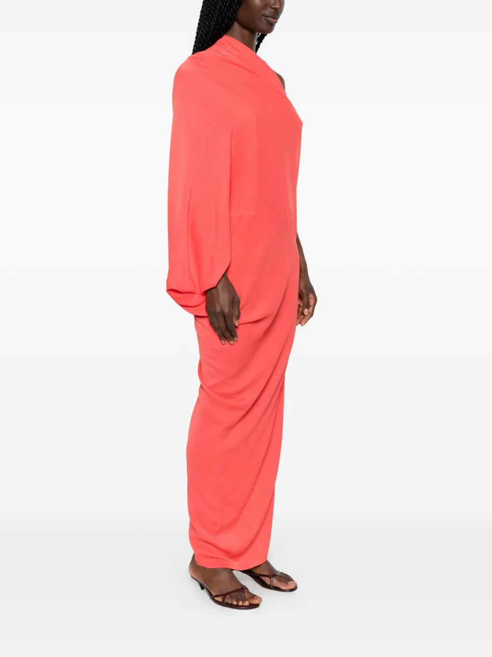 Cortana One-shoulder Draped Dress in Red, view 3