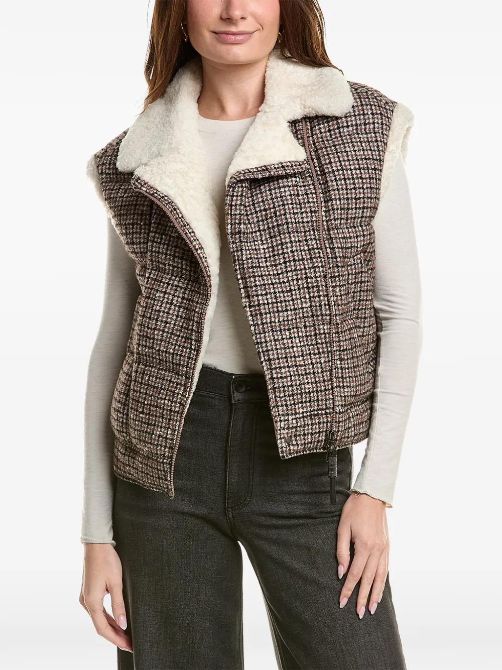 Brunello Cucinelli plaid-pattern shearling-collar zip-up vest - Brown