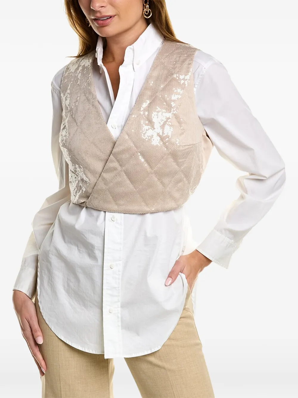 Brunello Cucinelli sequin-embellished quilted-overlay shirt (set of two) - White