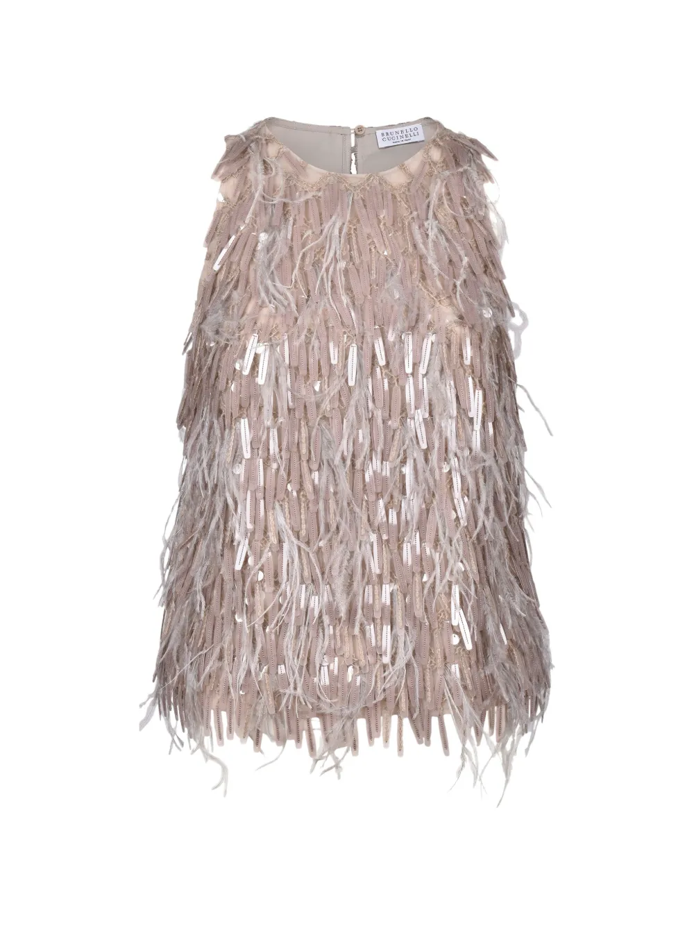 Brunello Cucinelli sequin-embellished feather-trim sleeveless silk top - Neutrals