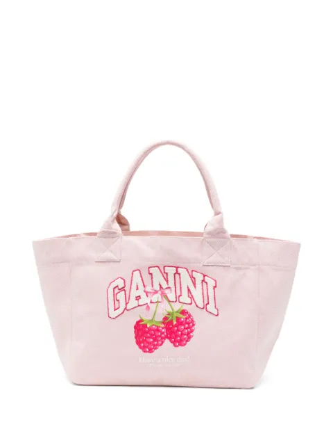 GANNI logo-patch raspberry-print tote bag