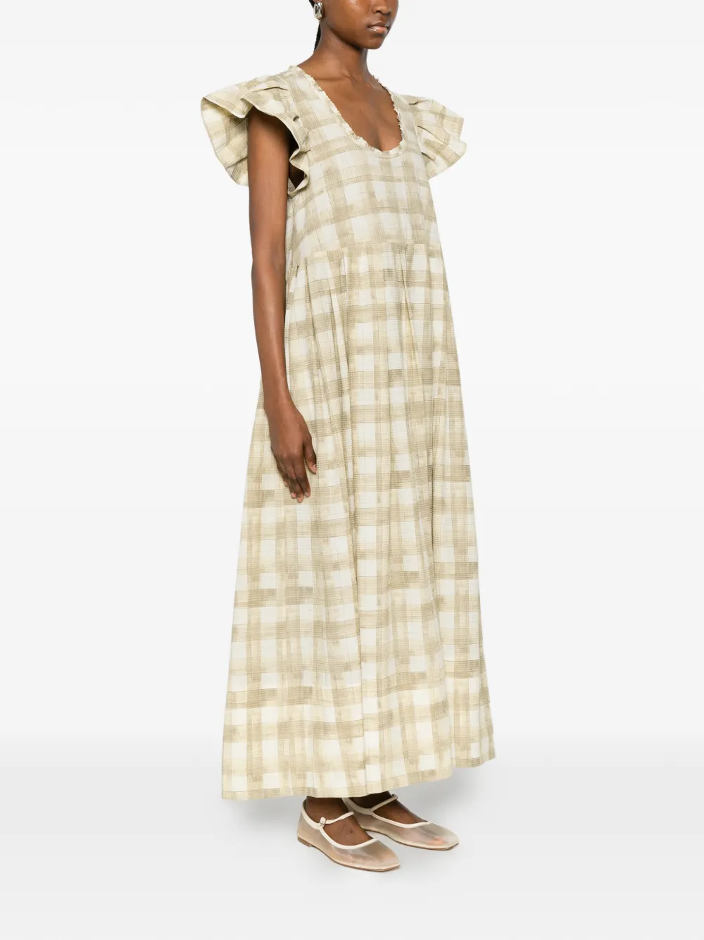 Lee Mathews Geruite maxi-jurk met ruchemouwen Groen