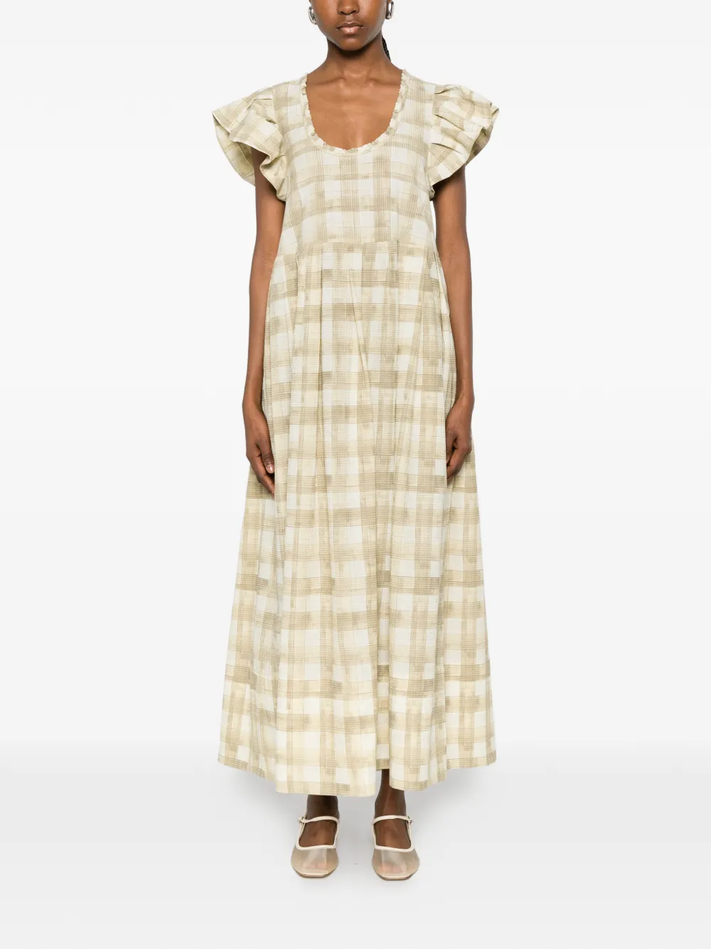 Lee Mathews Geruite maxi-jurk met ruchemouwen Groen