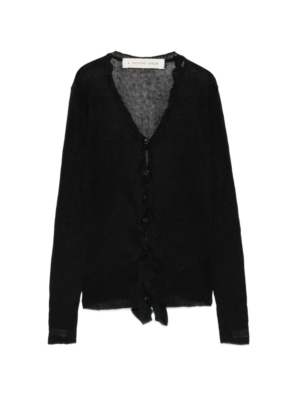 A Tentative Atelier ruffle-trimmed sheer-knit cardigan - Nero