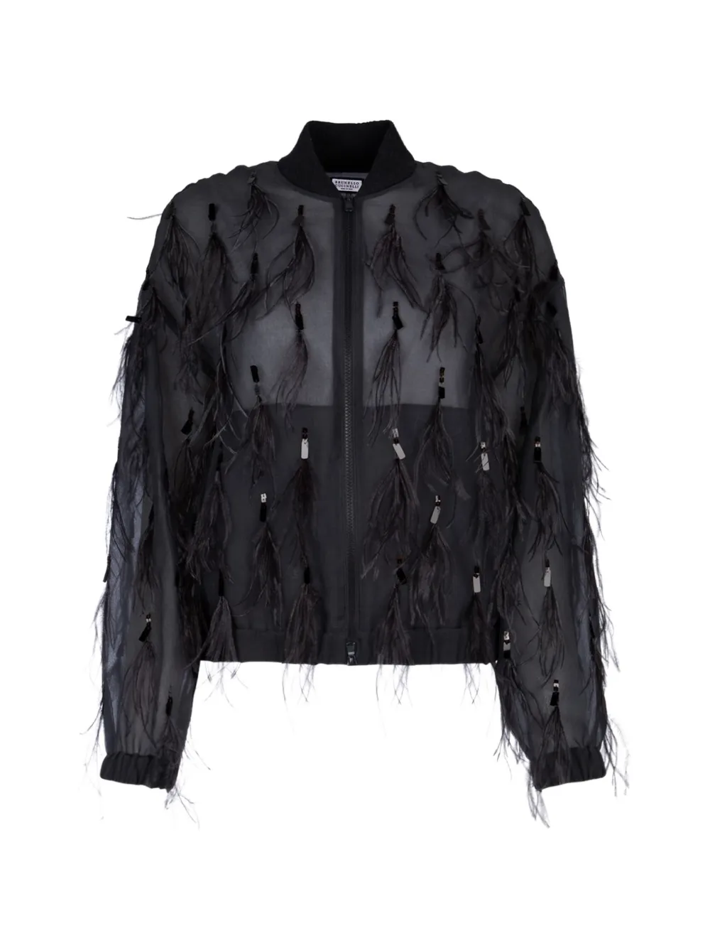 Brunello Cucinelli feather-embellished sheer bomber jacket - Nero