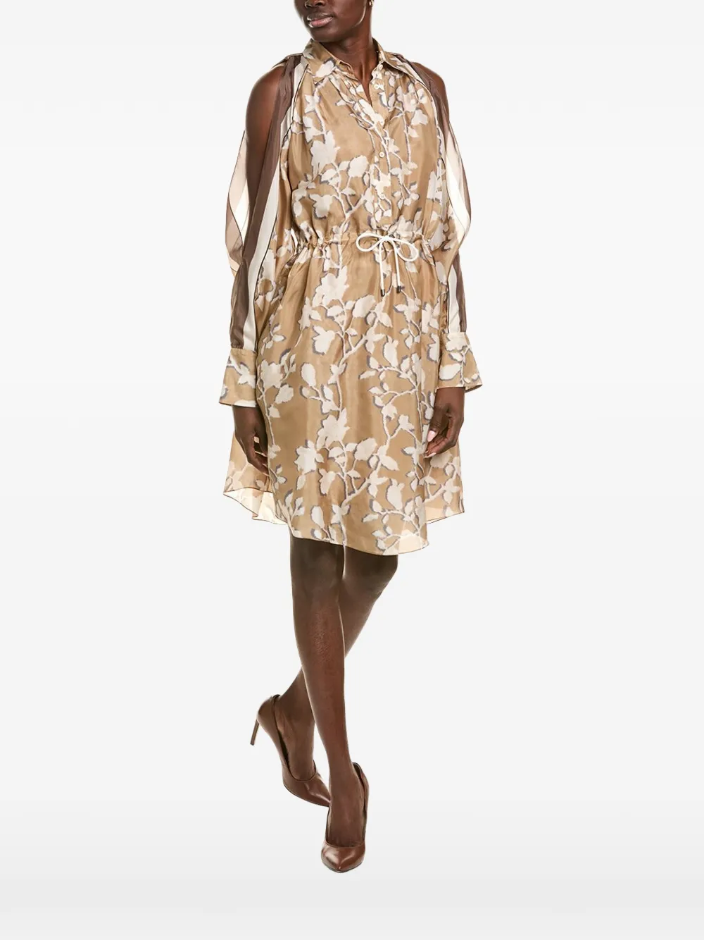 Brunello Cucinelli floral-print cold-shoulder mini dress - Toni neutri