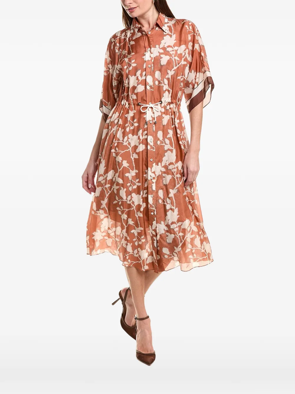 Brunello Cucinelli floral-print drawstring midi dress - Braun
