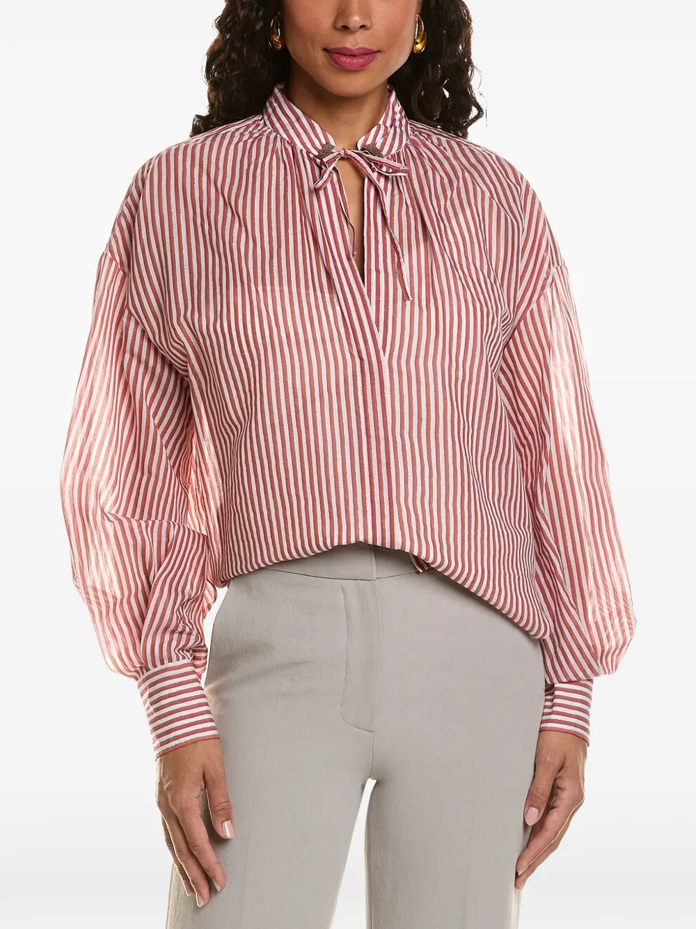 Brunello Cucinelli striped tie-neck blouse - Rosso