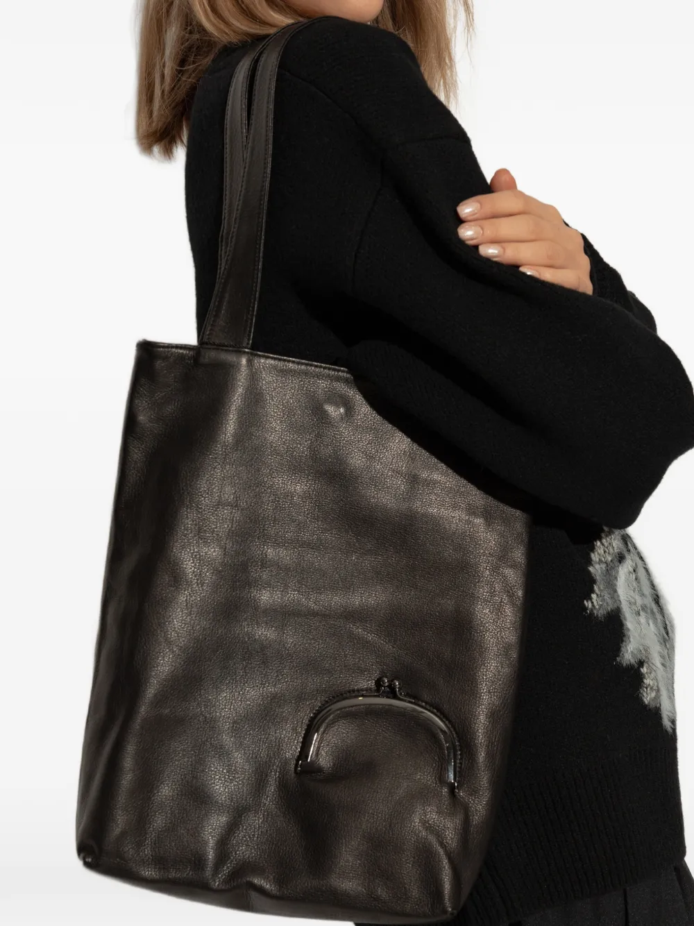 Discord Yohji Yamamoto Grote leren shopper met kiss-lock Zwart