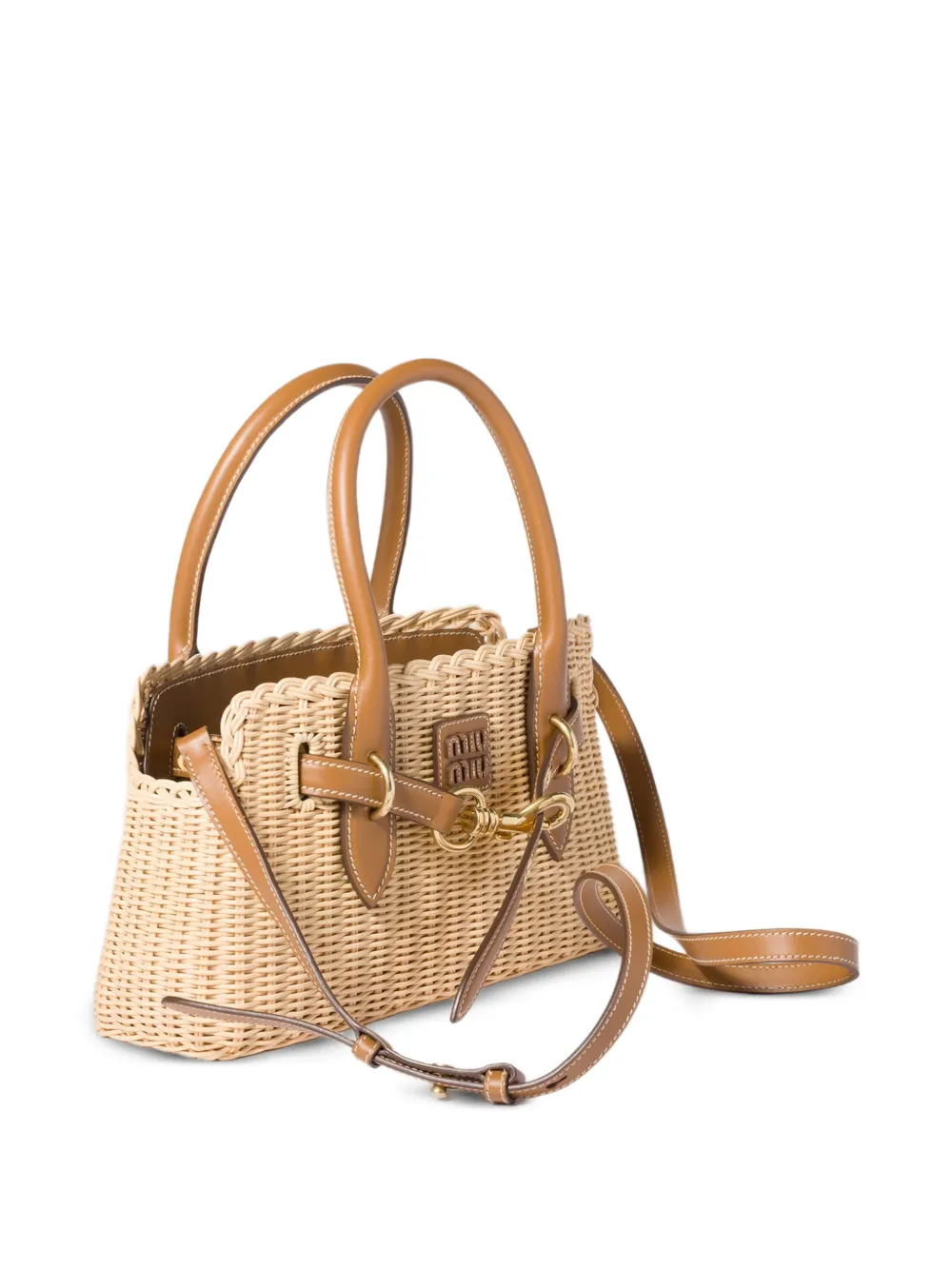 Miu Aventure rieten en leren handtas Beige
