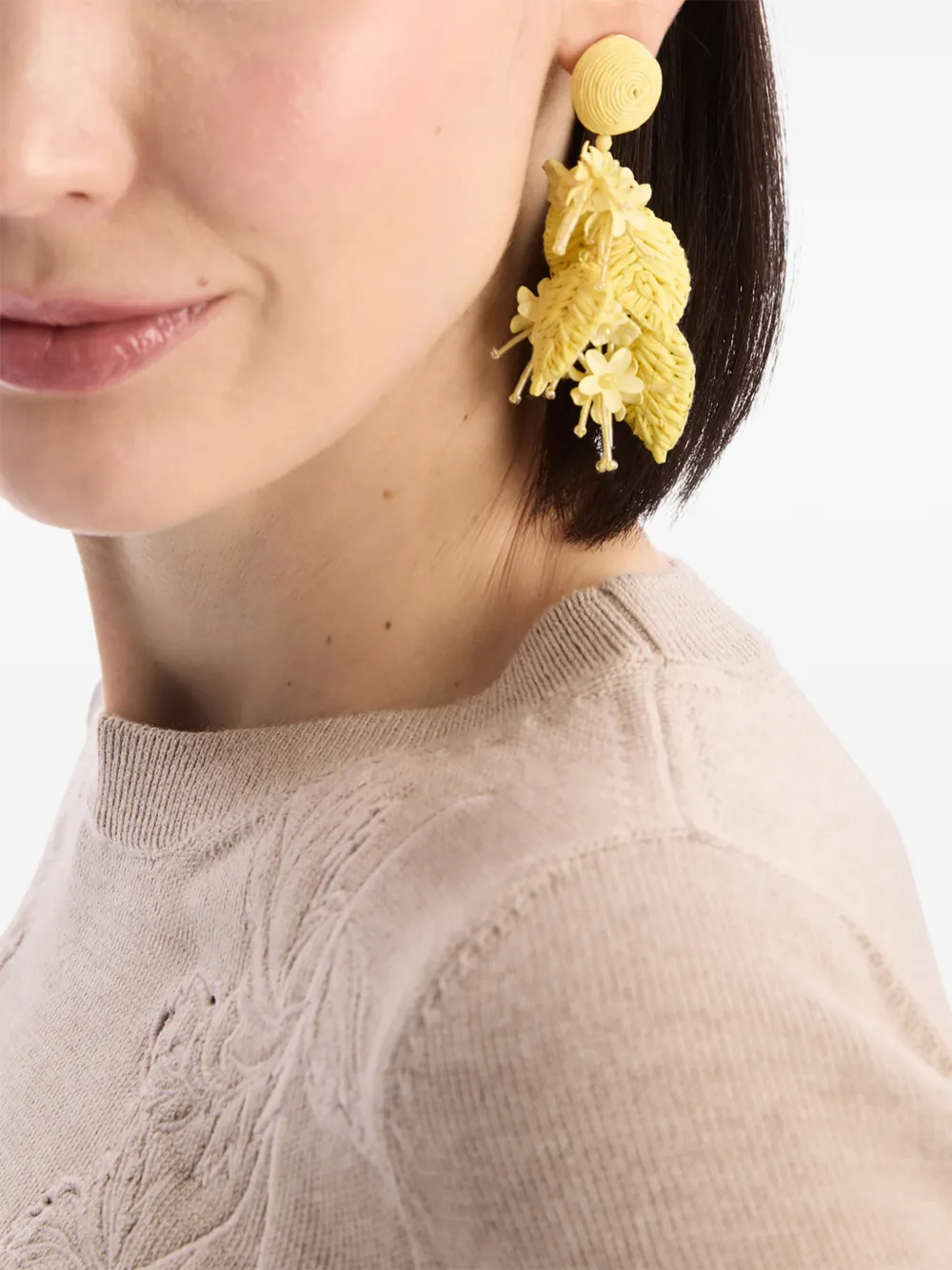 Oscar de la Renta Raffia Tassel Bouquet Clip-on Earrings in Yellow, view 2