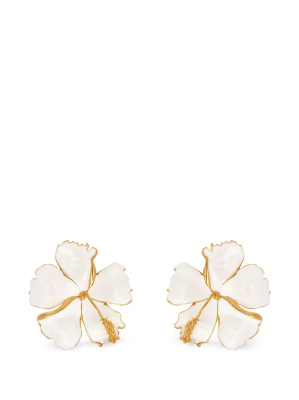 Oscar de la Renta Enamel Hibiscus Clip-on Earrings in Gold