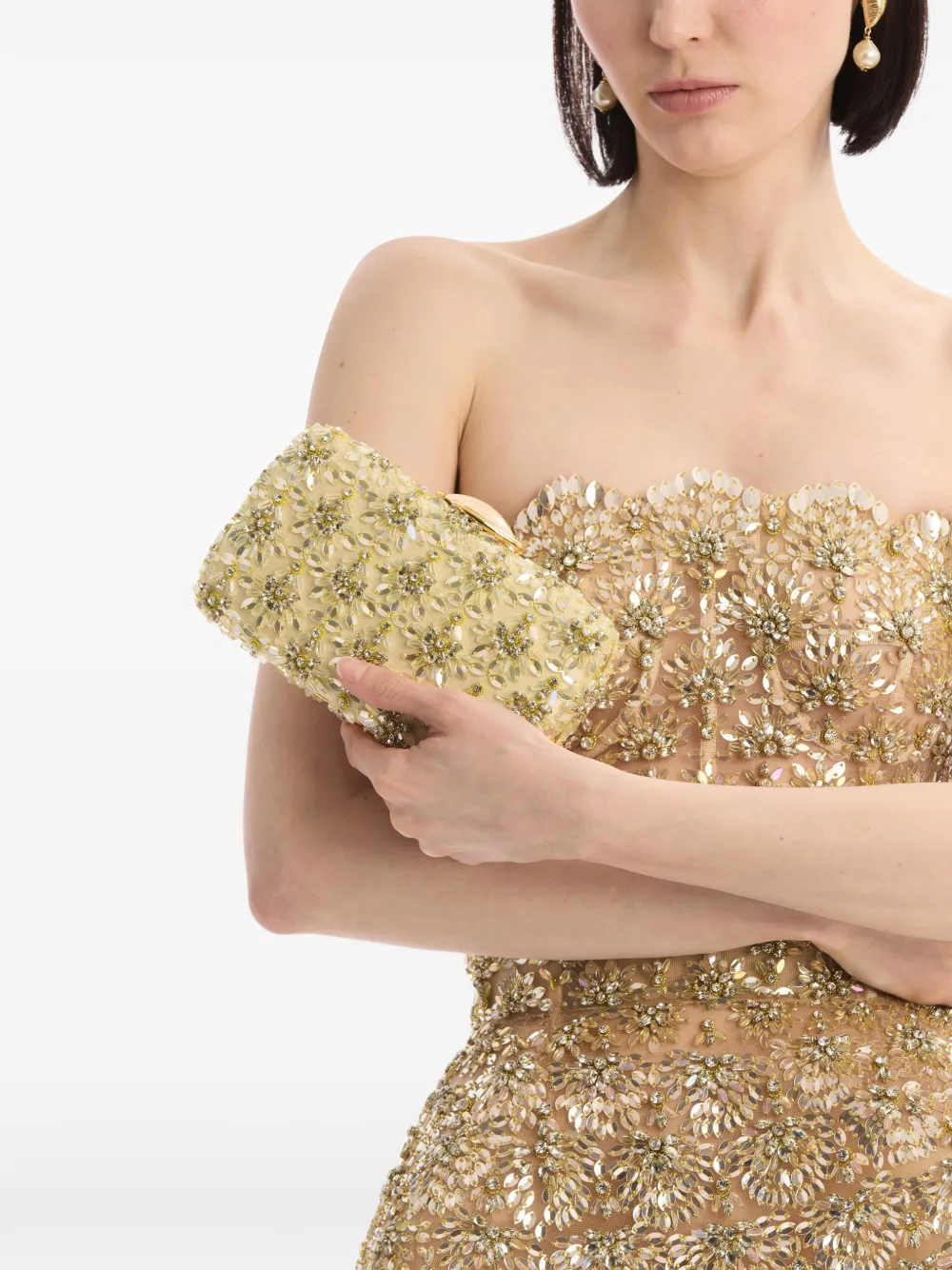 Oscar de la Renta Minaudière clutch met borduurwerk en bloemen pailletten Beige