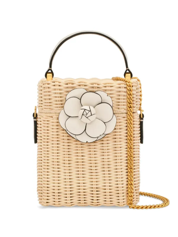 Oscar de la Renta Alibi in Wicker Floral-applique Shoulder Bag in Neutrals