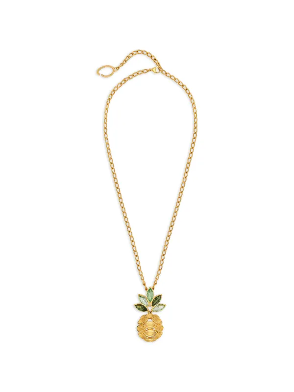 Oscar de la Renta Pineapple Crystal Leaf Pendant Necklace in Gold