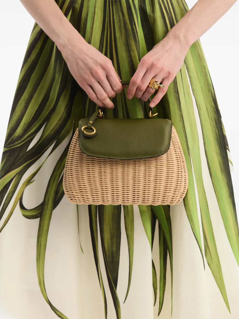 Oscar de la Renta Mini Poppy rieten shopper met leren afwerking Beige
