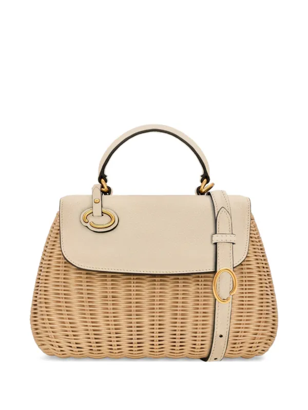 Oscar de la Renta Mini Poppy in Wicker Leather-trim Tote Bag in Neutrals