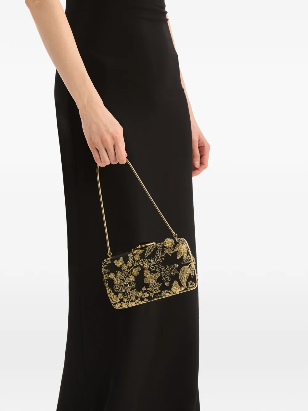 Oscar de la Renta Butterfly Embroidered O Minaudière Clutch Bag in Black, view 2