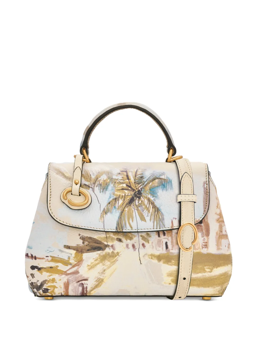 Oscar de la Renta Mini Poppy scenic-print leather tote bag - Toni neutri