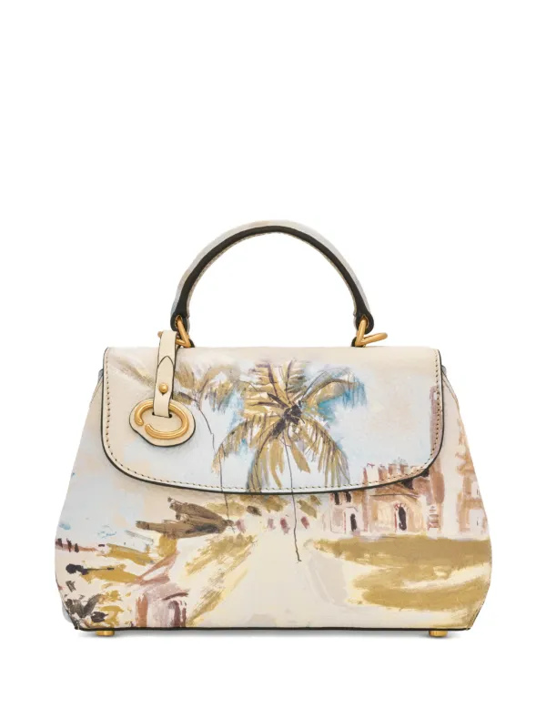 Oscar de la Renta Mini Poppy Scenic-print Leather Tote Bag in Neutrals