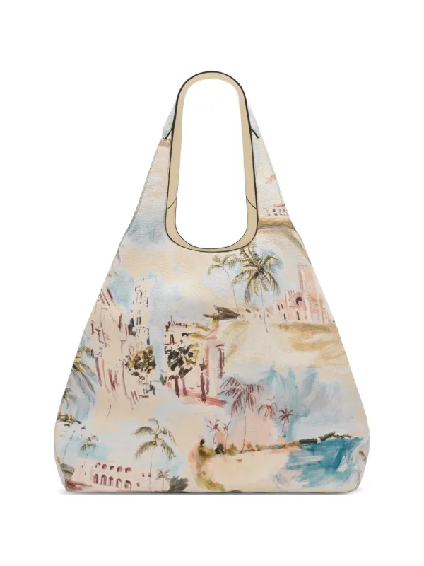 Oscar de la Renta The Topaz Landscape-print Pebbled-leather Tote Bag in Neutrals
