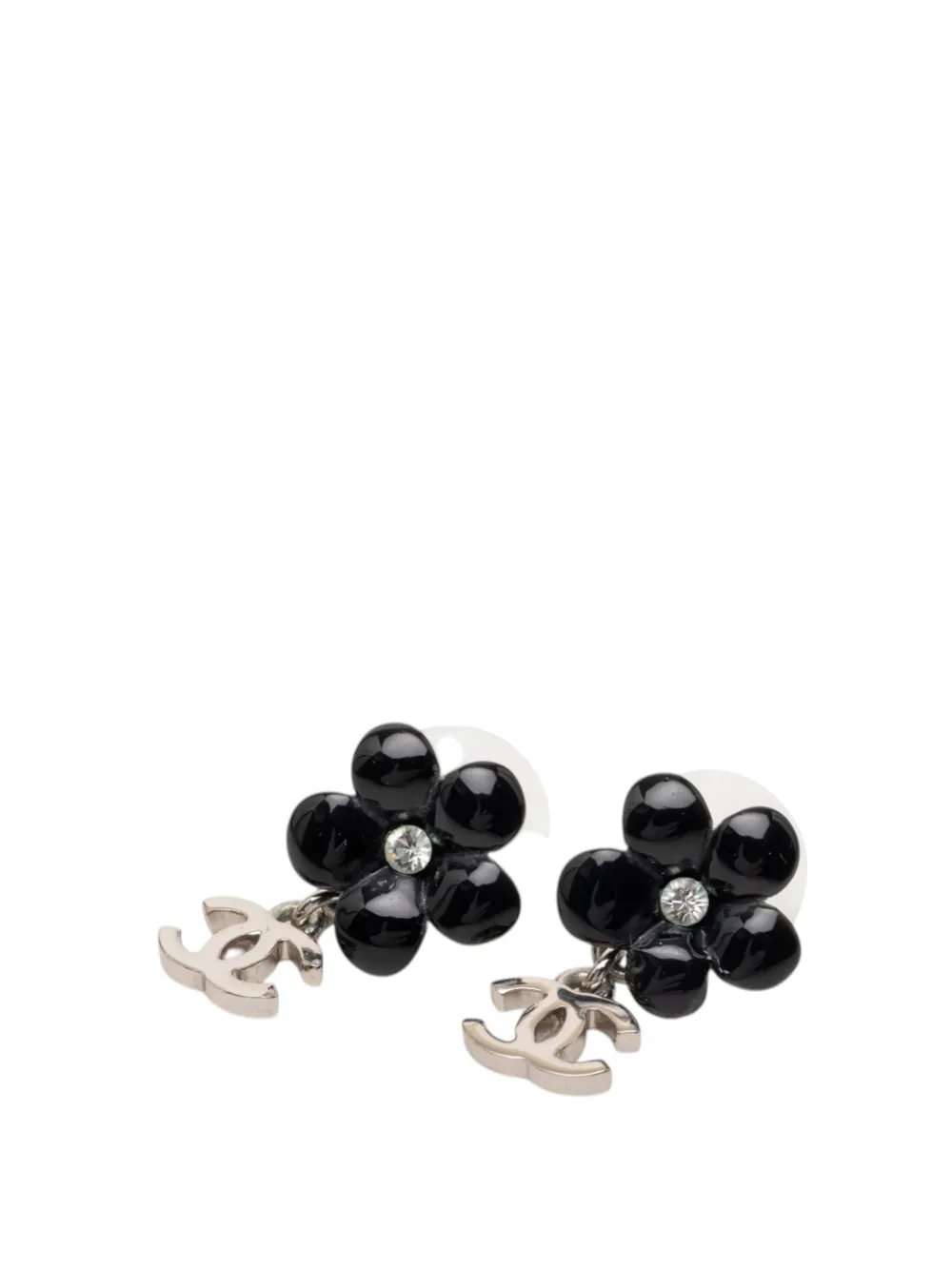 CHANEL Pre-Owned 2005 Silver Plated Resin Rhinestone Flower CC Drop Earrings costume earrings - Nero