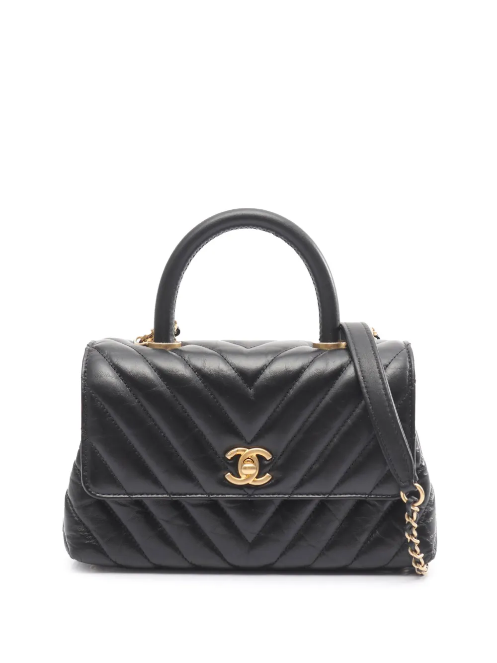 CHANEL Pre-Owned 2018-2019 Small Chevron Aged Calfskin Coco Top Handle Bag satchel - Black