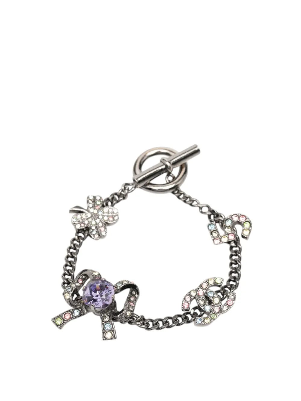 CHANEL Pre-Owned 2005 Silver Plated Crystal CC No. 5 Bow Charm Bracelet costume bracelet - Multicolore