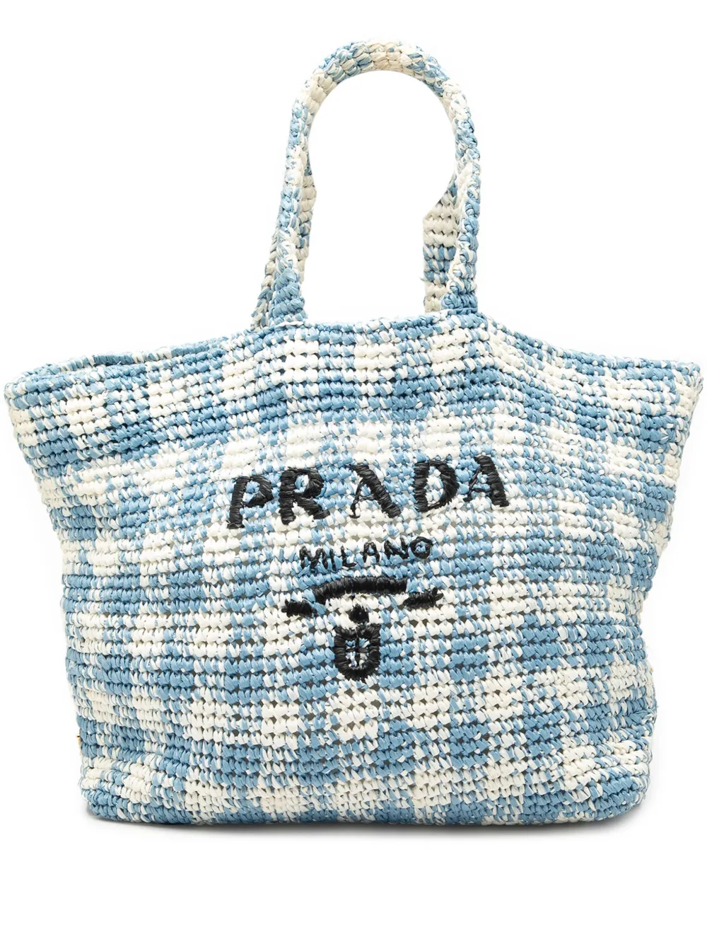 Prada Pre-Owned 2013-2026 Large Raffia Effect Crochet Embroidered Logo tote bag - Blu