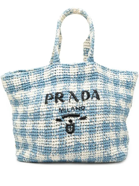 Prada Pre-Owned 2013-2026 ラージ ラフィアエフェクト クロシェ エンブロイダリー ロゴ トートバッグ