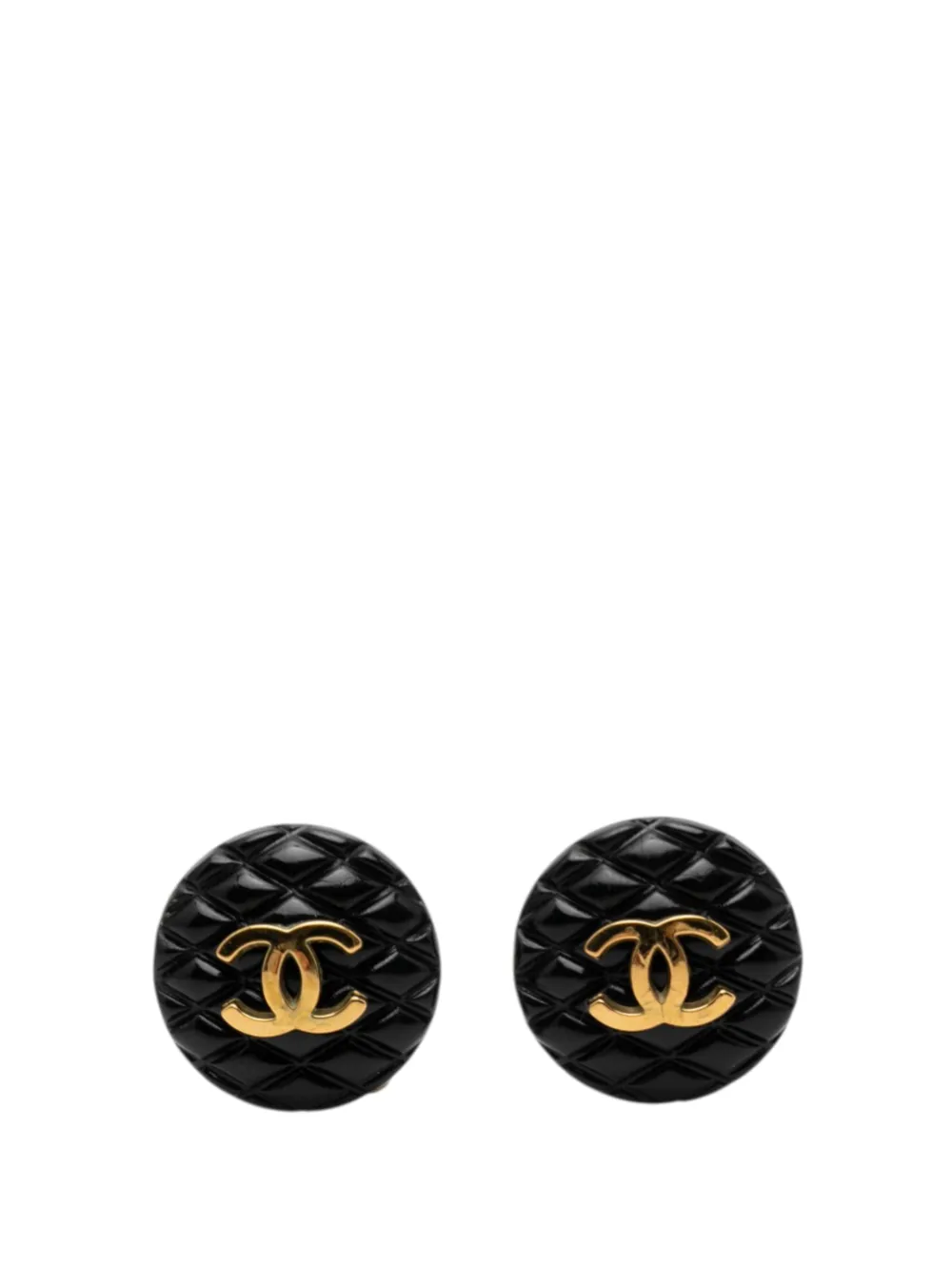 CHANEL Pre-Owned 1994 CC Resin and Gold Plated Quilted Button Clip On Earrings costume earrings - Black